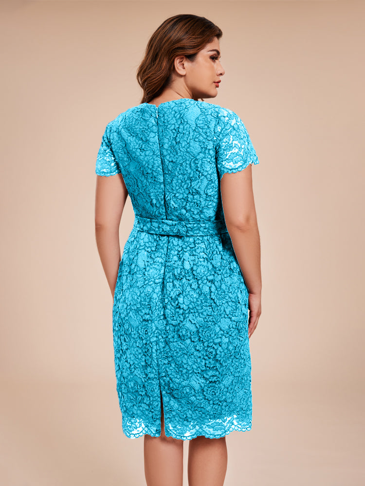 Mantel kurze Ärmel knielang Spitze Mutter der Braut Kleid mit Kristall Gürtel
