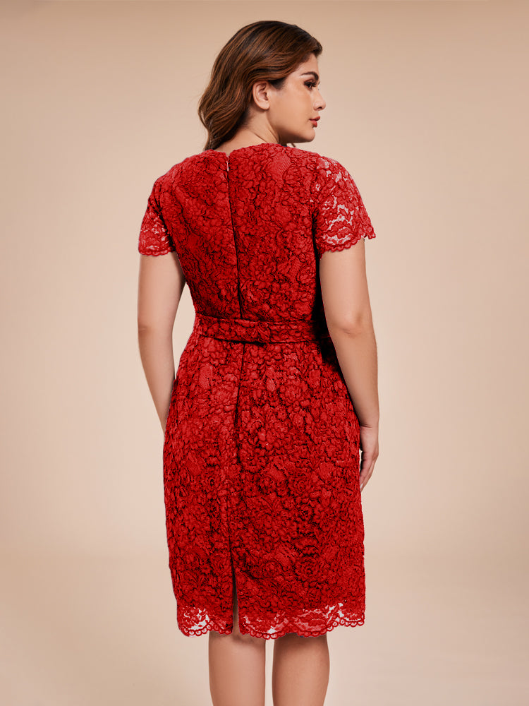 Mantel kurze Ärmel knielang Spitze Mutter der Braut Kleid mit Kristall Gürtel