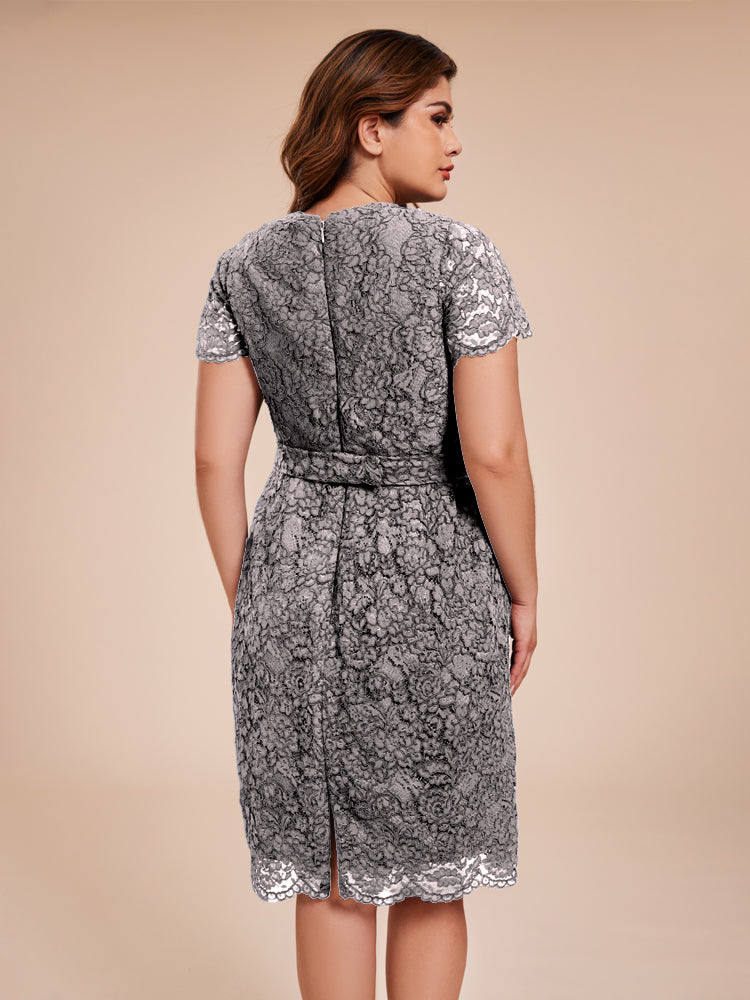 Mantel kurze Ärmel knielang Spitze Mutter der Braut Kleid mit Kristall Gürtel