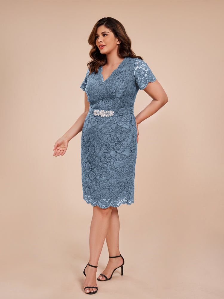 Mantel kurze Ärmel knielang Spitze Mutter der Braut Kleid mit Kristall Gürtel