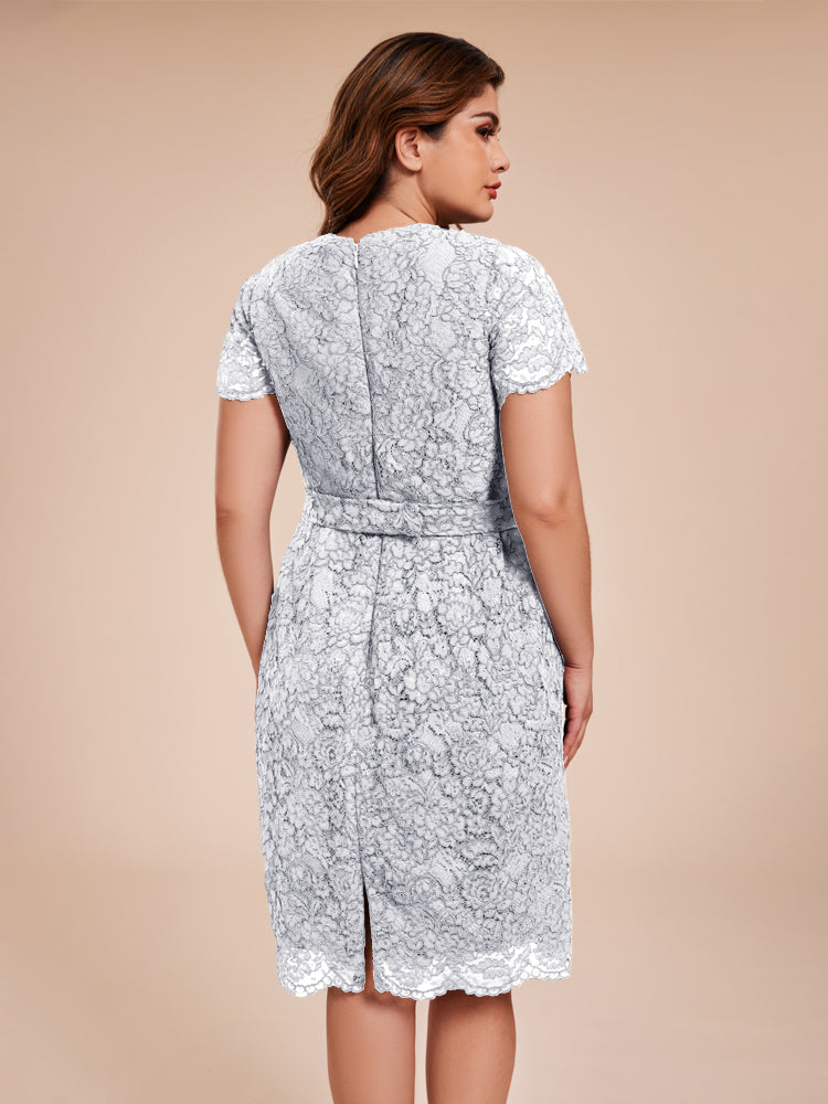 Mantel kurze Ärmel knielang Spitze Mutter der Braut Kleid mit Kristall Gürtel