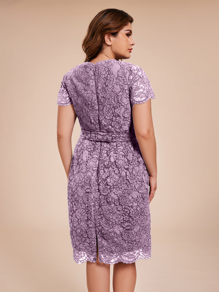 Mantel kurze Ärmel knielang Spitze Mutter der Braut Kleid mit Kristall Gürtel