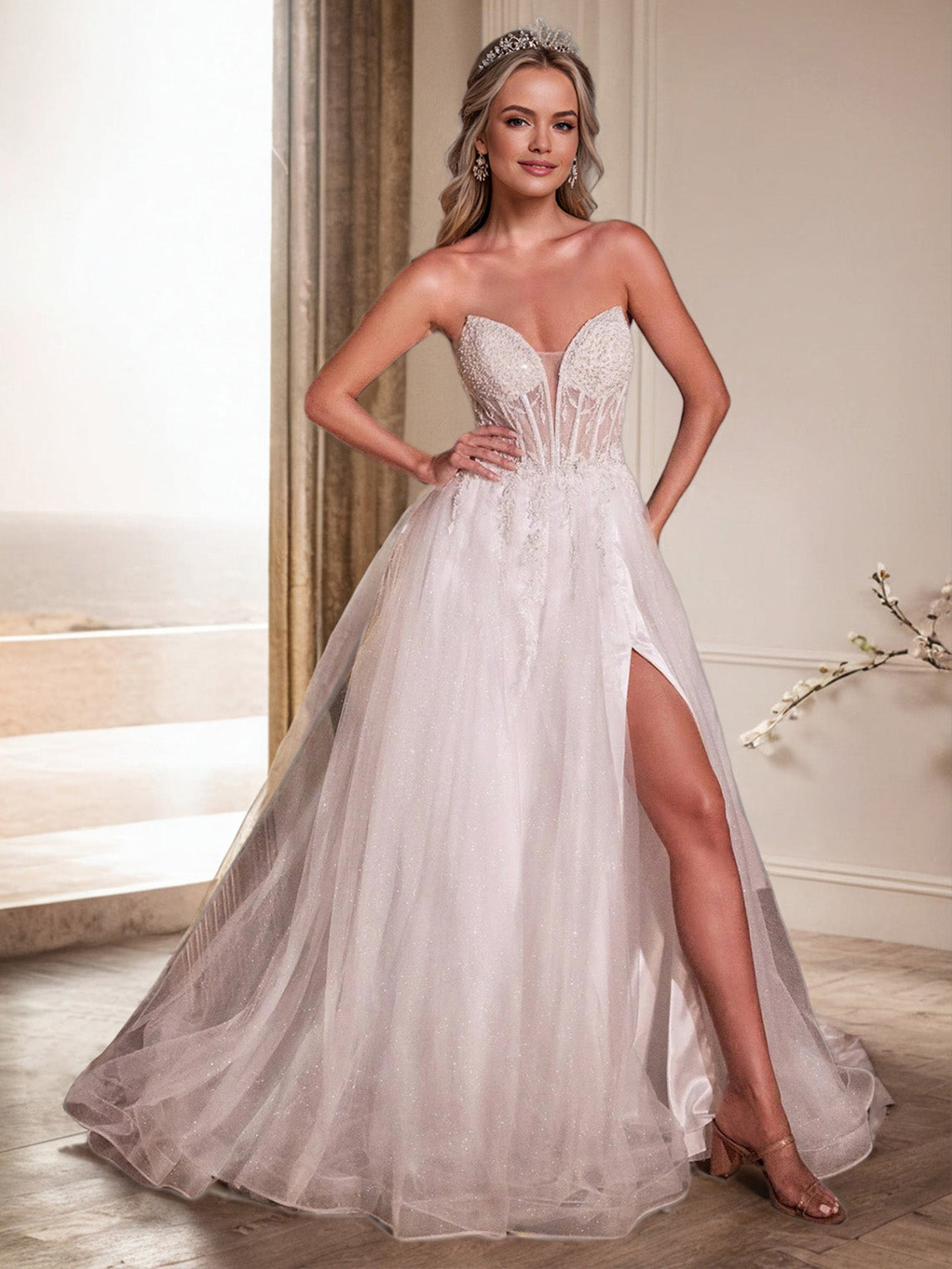 Tüll trägerlos durchsichtig A Linie Elfenbein Hochzeitskleid mit Schlitz