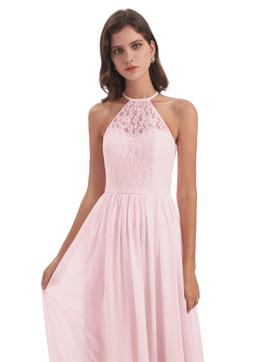 Magdalena A-Linie Bodenlange Nackenträger Spitze/Chiffon Lange Brautjungfernkleider