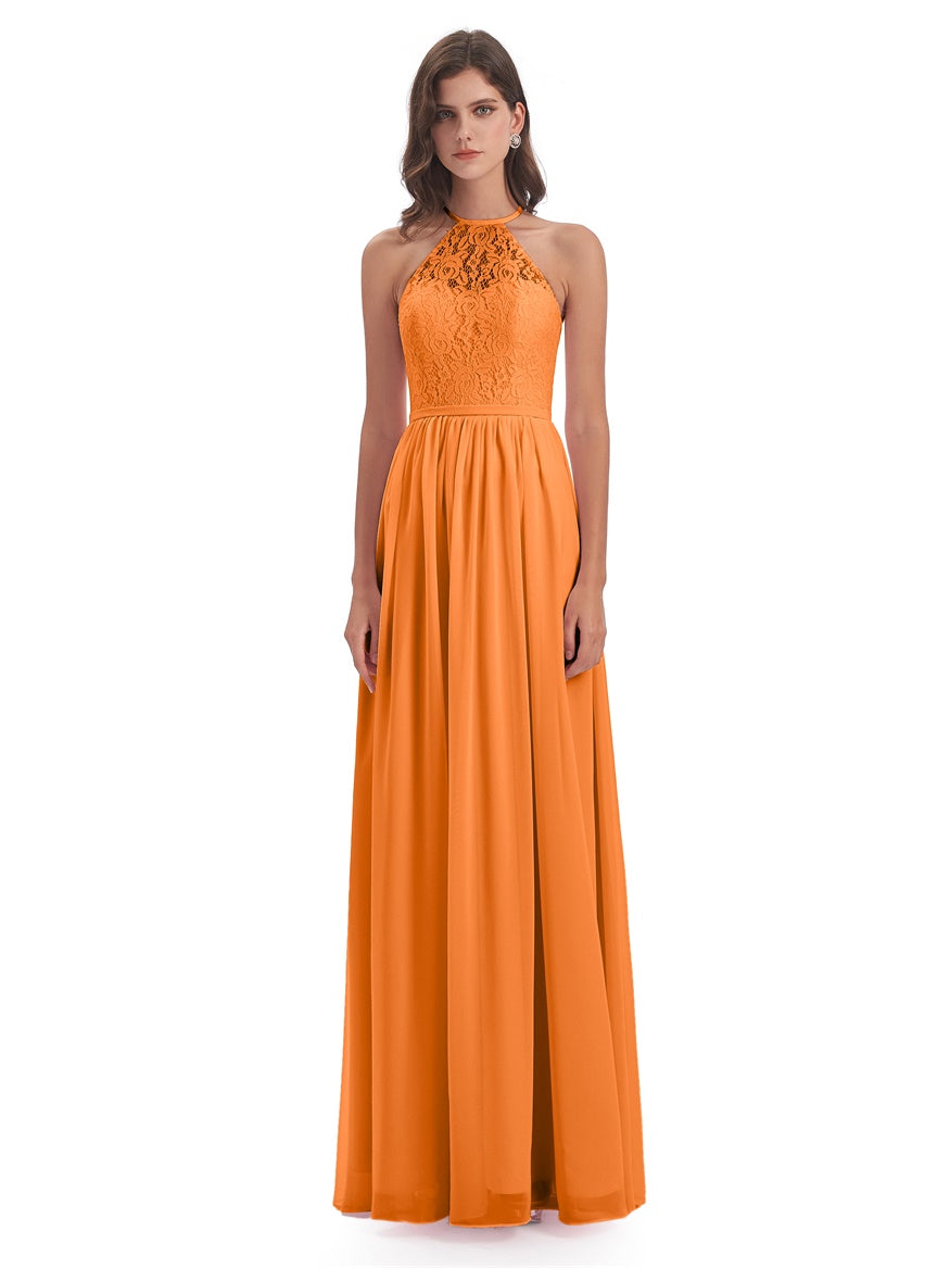 Magdalena A-Linie Bodenlange Nackenträger Spitze/Chiffon Lange Brautjungfernkleider