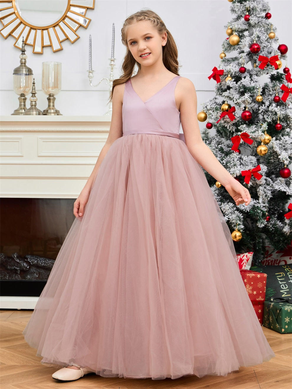 Niedliches ärmelloses Tüll-Blumenmädchenkleid mit Schleifen-Knoten