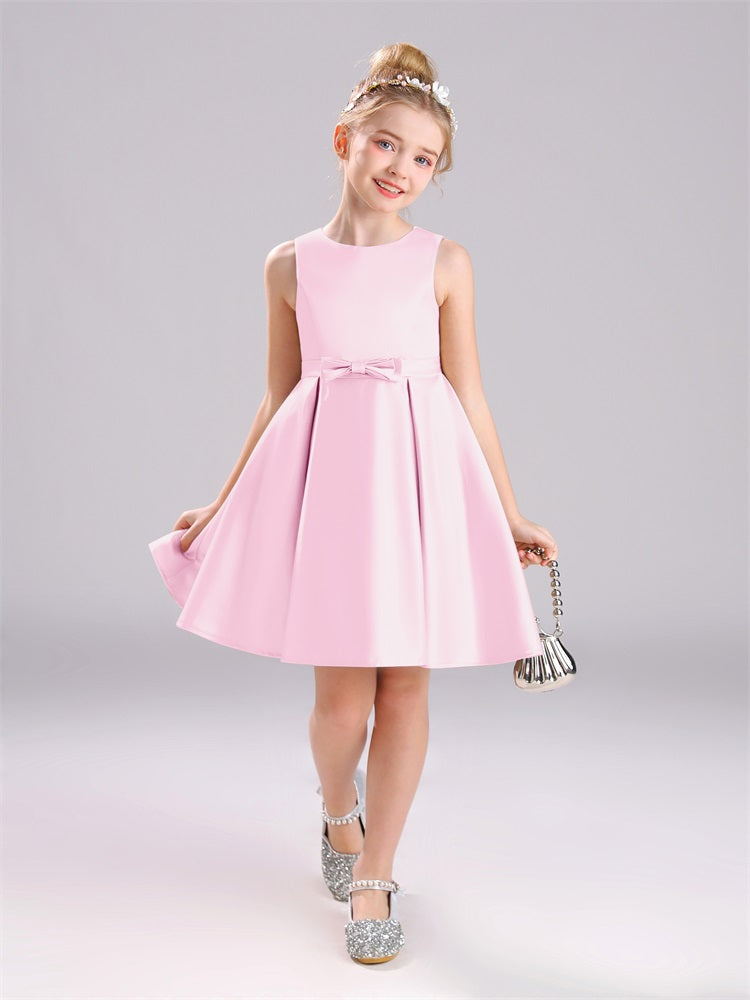 Col Bateau Sans Manches Satin Courte Robe Fille