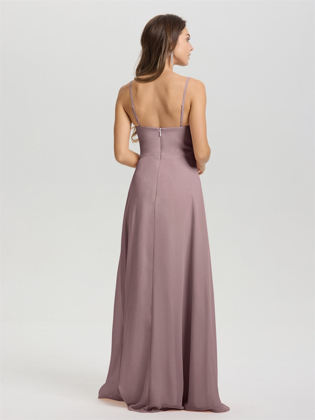 A-Linie Spaghetti-Träger V-Ausschnitt bodenlanges Chiffon Brautjungfernkleid