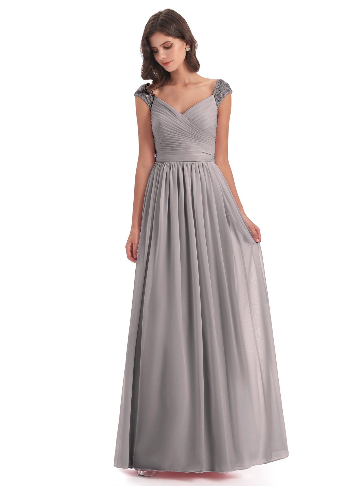 Arely A-Linie Bodenlange Charmante Chiffon/Spitze Kappenärmel Lange Brautjungfernkleider