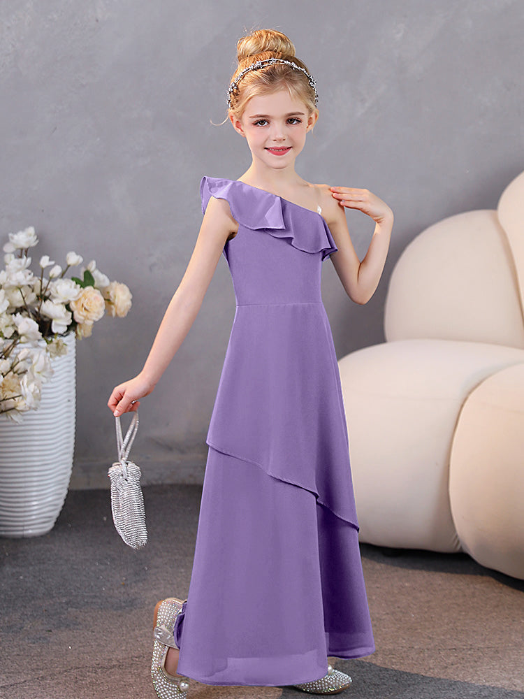 Ein-Schulter-Rüschen Chiffon Junior Brautjungfernkleider