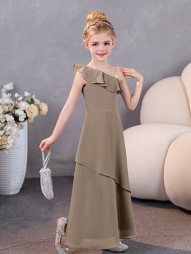 Ein-Schulter-Rüschen Chiffon Junior Brautjungfernkleider