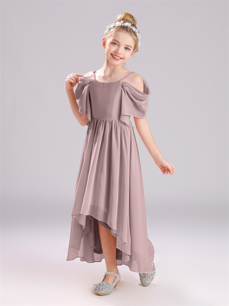 Aus der Schulter Riemen Lang Chiffon Junior Brautjungfernkleider