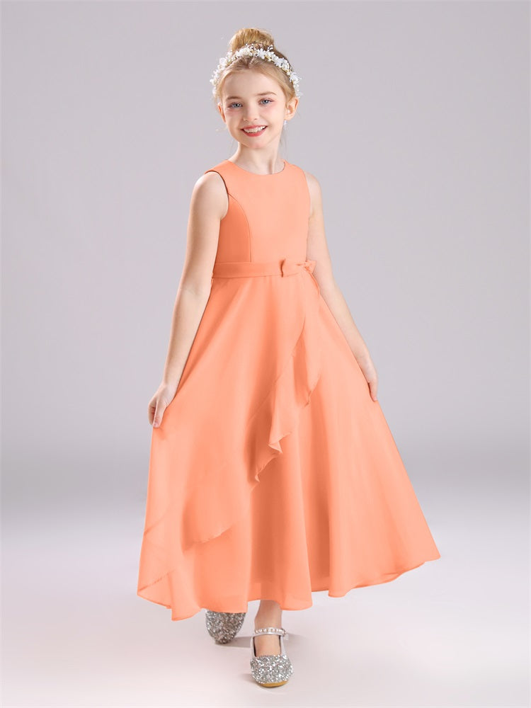Ärmelloses Juwel Langer Schleifenknoten Chiffon Junior Brautjungfernkleider