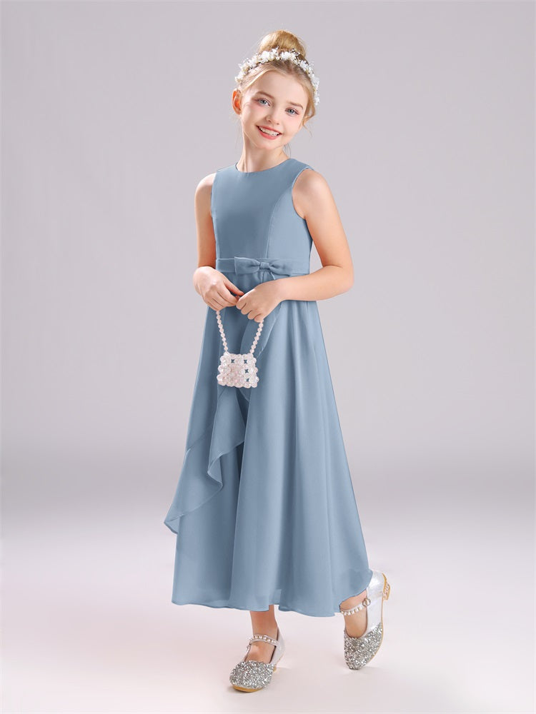 Ärmelloses Juwel Langer Schleifenknoten Chiffon Junior Brautjungfernkleider