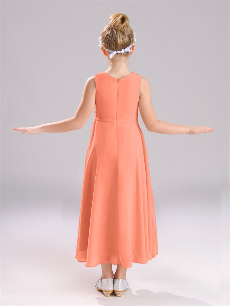 Ärmelloses Juwel Langer Schleifenknoten Chiffon Junior Brautjungfernkleider