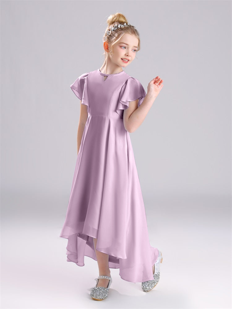 Rüschen Ärmel A-Linie Lang Chiffon Junior Brautjungfernkleider