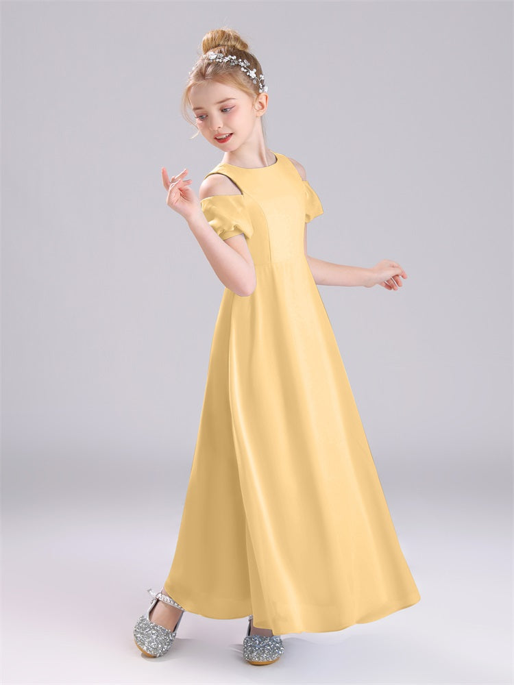 Aus der Schulter Juwel A-Linie Lange Chiffon Junior Brautjungfernkleider