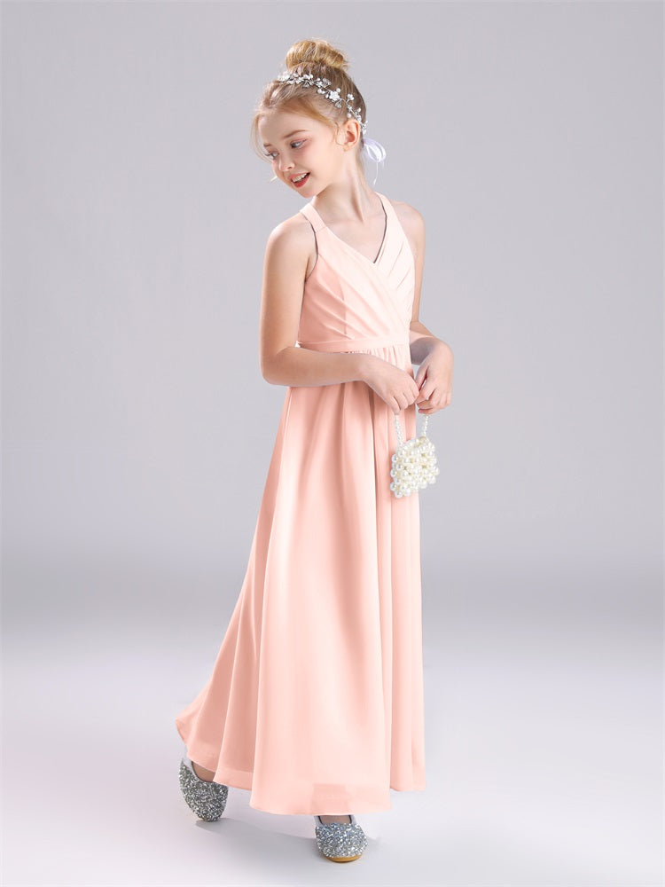 Riemen Falten bodenlang Chiffon Junior Brautjungfernkleider