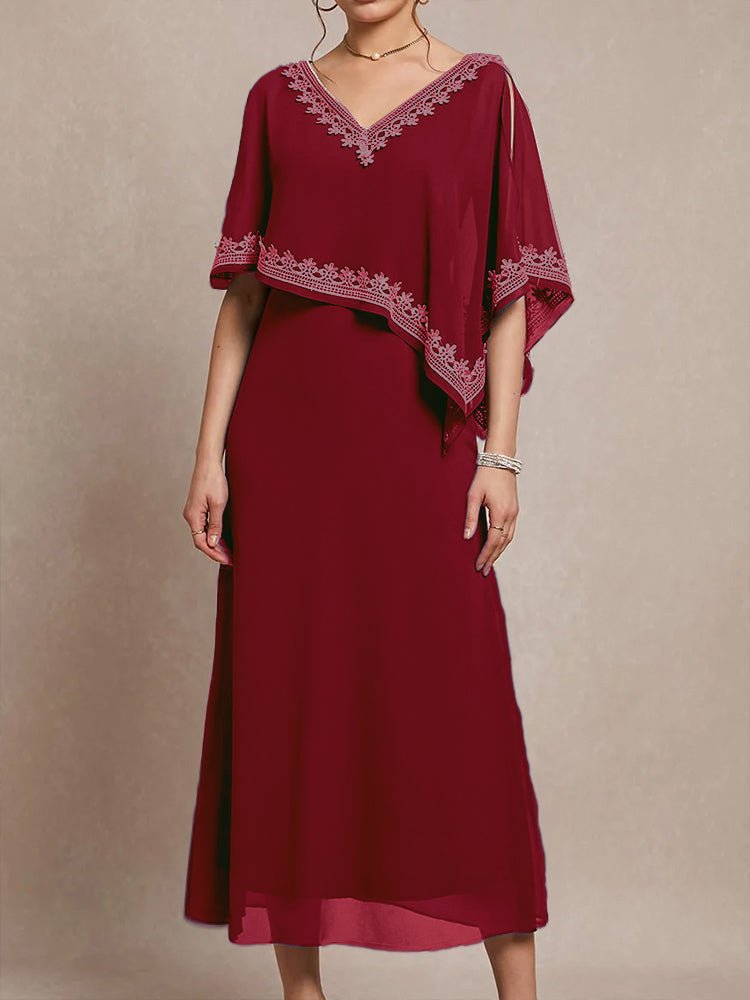 Halbe Ärmel V-Ausschnitt Tee Länge verschönert Cape Chiffon Mutter der Braut Kleid