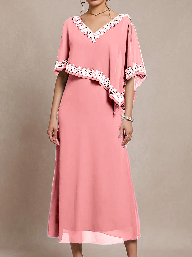 Halbe Ärmel V-Ausschnitt Tee Länge verschönert Cape Chiffon Mutter der Braut Kleid