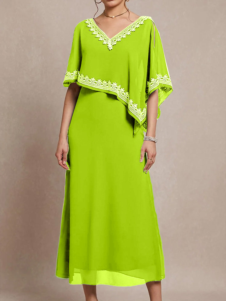 Halbe Ärmel V-Ausschnitt Tee Länge verschönert Cape Chiffon Mutter der Braut Kleid