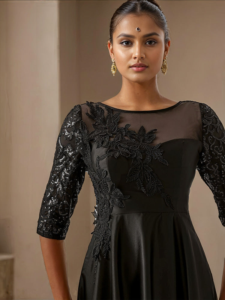Schwarzer Satin Halbe Ärmel Spitze Applikationen Mutter der Braut Kleid