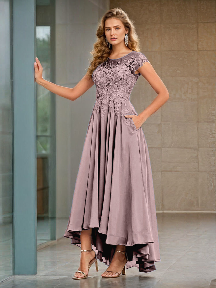 A-Linie Kappenärmel hoch niedrig Spitze Applikationen Chiffon Mutter der Braut Kleid