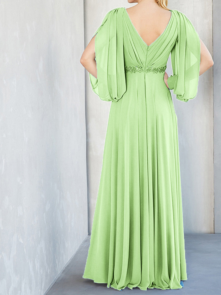 Lange Ärmel V-Ausschnitt Chiffon Perlen Taille Mutter der Braut Kleid