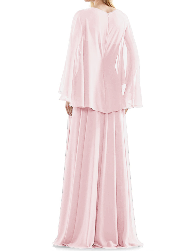 Fließende lange Ärmel V-Ausschnitt Chiffon Perlen Applikationen Mutter der Braut Kleid