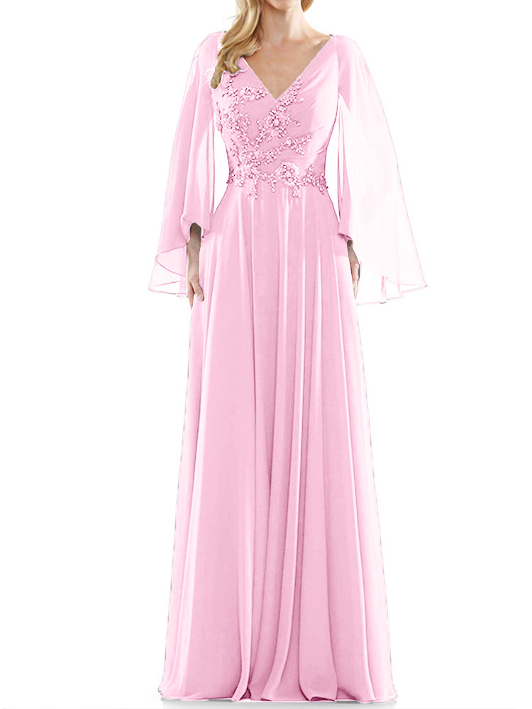 Fließende lange Ärmel V-Ausschnitt Chiffon Perlen Applikationen Mutter der Braut Kleid