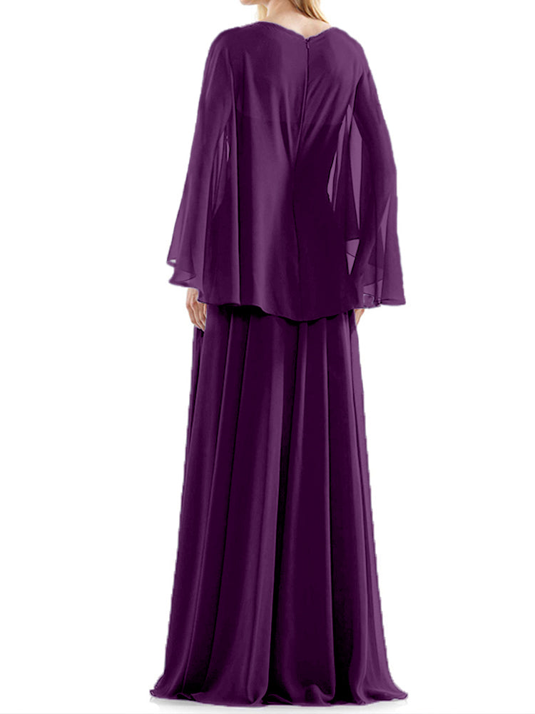 Fließende lange Ärmel V-Ausschnitt Chiffon Perlen Applikationen Mutter der Braut Kleid