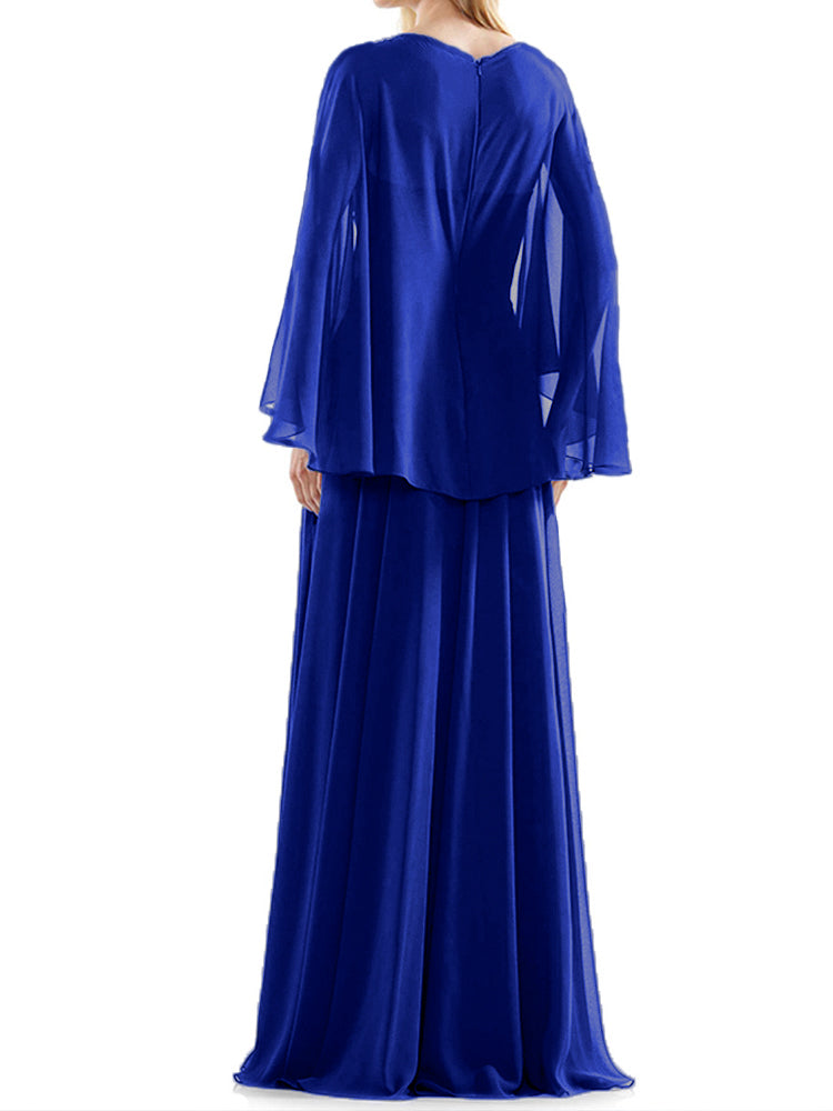 Fließende lange Ärmel V-Ausschnitt Chiffon Perlen Applikationen Mutter der Braut Kleid