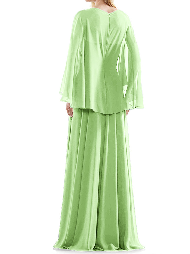 Fließende lange Ärmel V-Ausschnitt Chiffon Perlen Applikationen Mutter der Braut Kleid