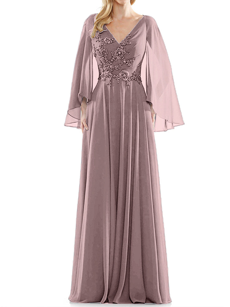 Fließende lange Ärmel V-Ausschnitt Chiffon Perlen Applikationen Mutter der Braut Kleid