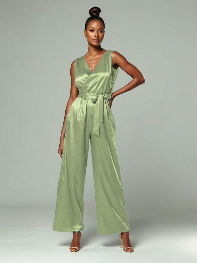 Jumpsuit/Hosenanzug V-Rücken ärmelloses weiches Satin Brautmutterkleider mit Krawatte