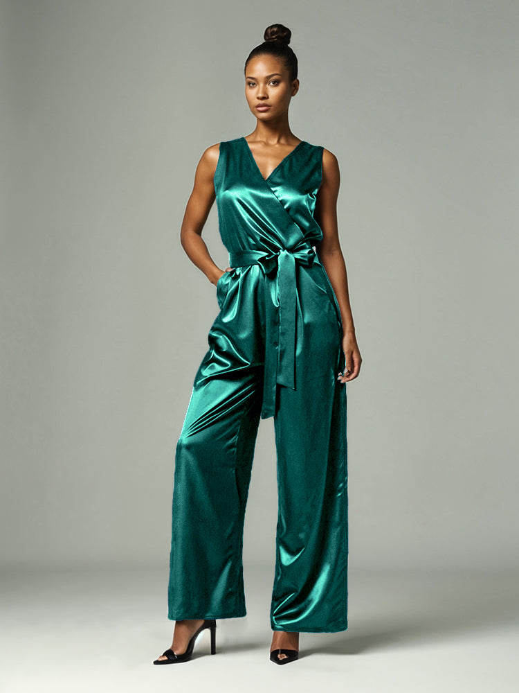 Jumpsuit/Hosenanzug V-Ausschnitt Ärmellos Weiches Satin Plissee Brautmutterkleider Mit Krawatte