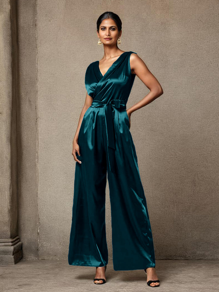 Jumpsuit/Hosenanzug V-Ausschnitt ärmellos geraffter weicher Satin Brautmutterkleider