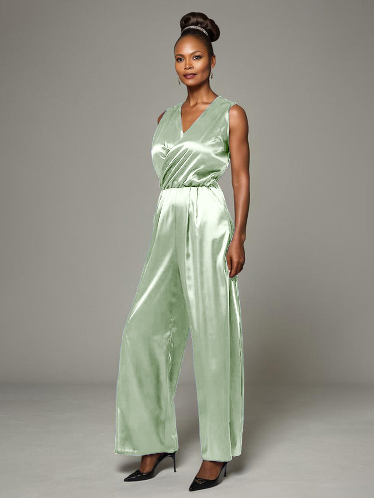 Jumpsuit/Hosenanzug V-Ausschnitt ärmelloses weiche Satin Brautmutterkleider