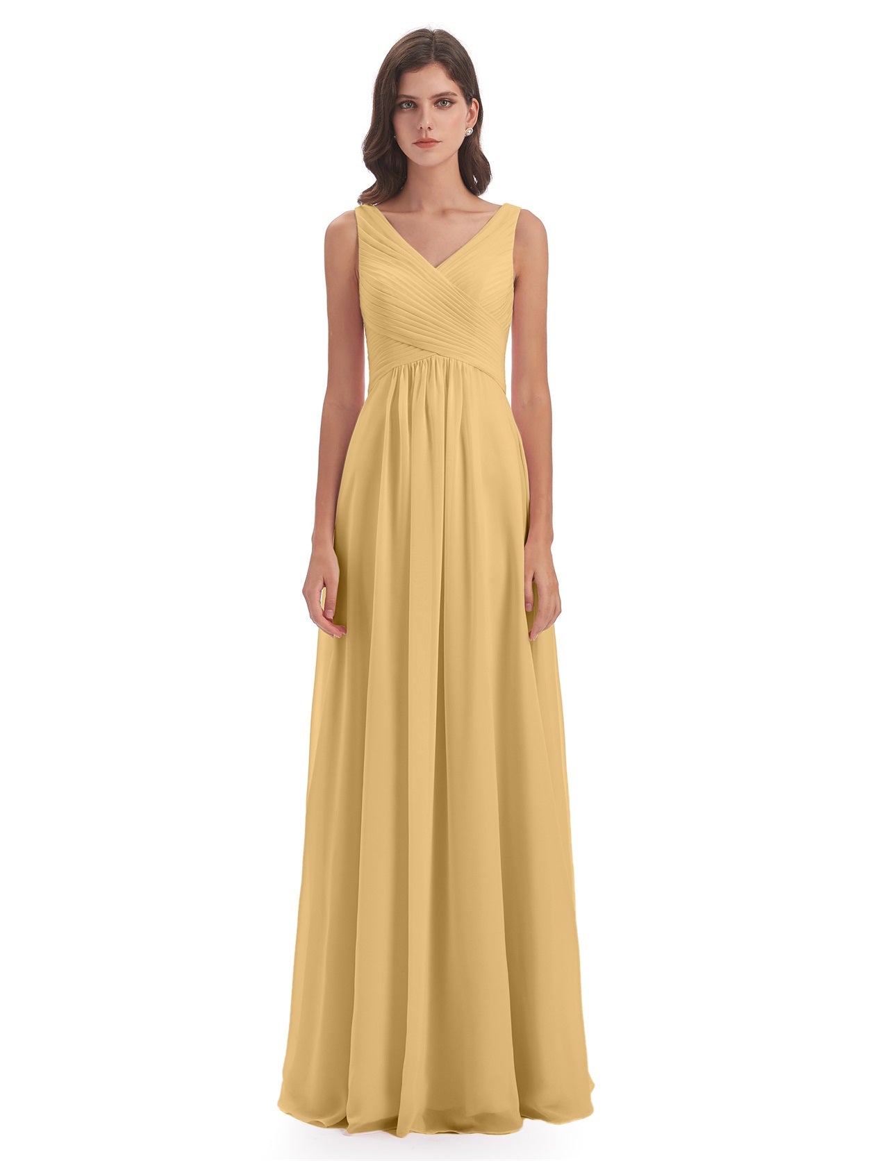 Evalyn A-Linie Bodenlange V-Ausschnitt Trägern Chiffon Lange Brautjungfernkleider