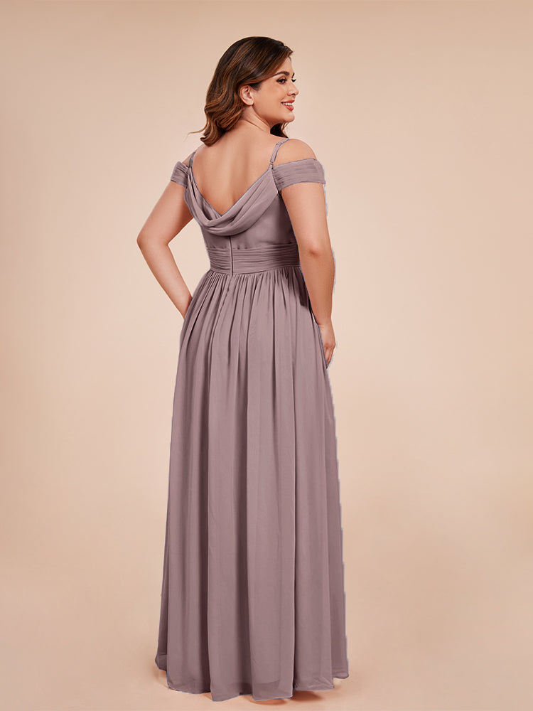 Übergröße Mia A-Linie Bodenlange Schulterfreie Chiffon Lange Brautjungfernkleider