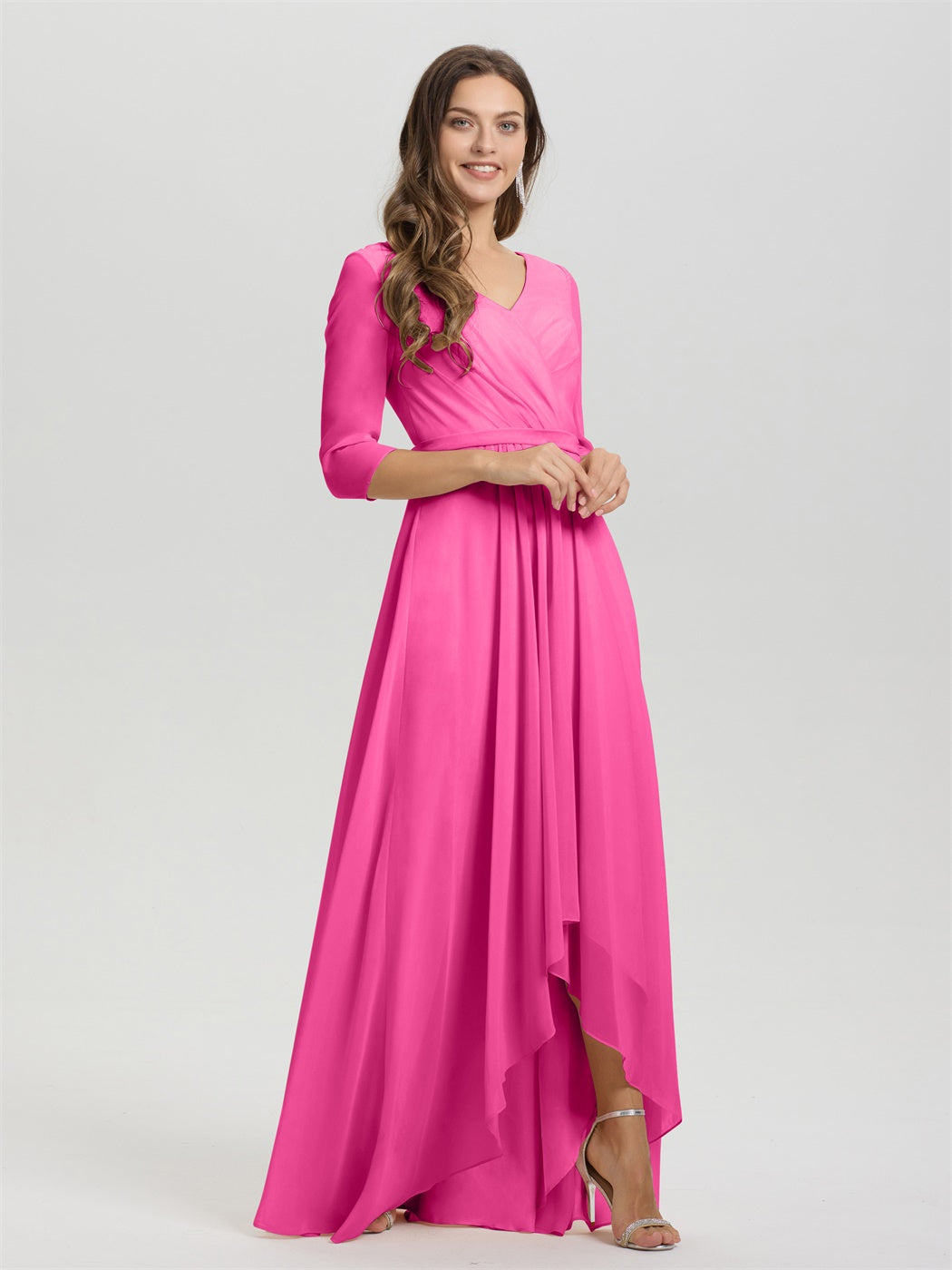 Fließende 3/4 Ärmel V-Ausschnitt Asymmetrisch Hoch Niedrig Chiffon Brautjungfernkleid