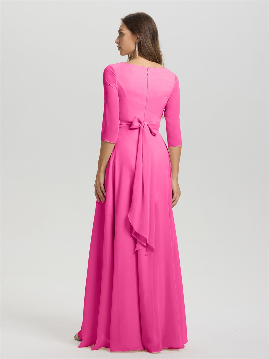 Fließende 3/4 Ärmel V-Ausschnitt Asymmetrisch Hoch Niedrig Chiffon Brautjungfernkleid