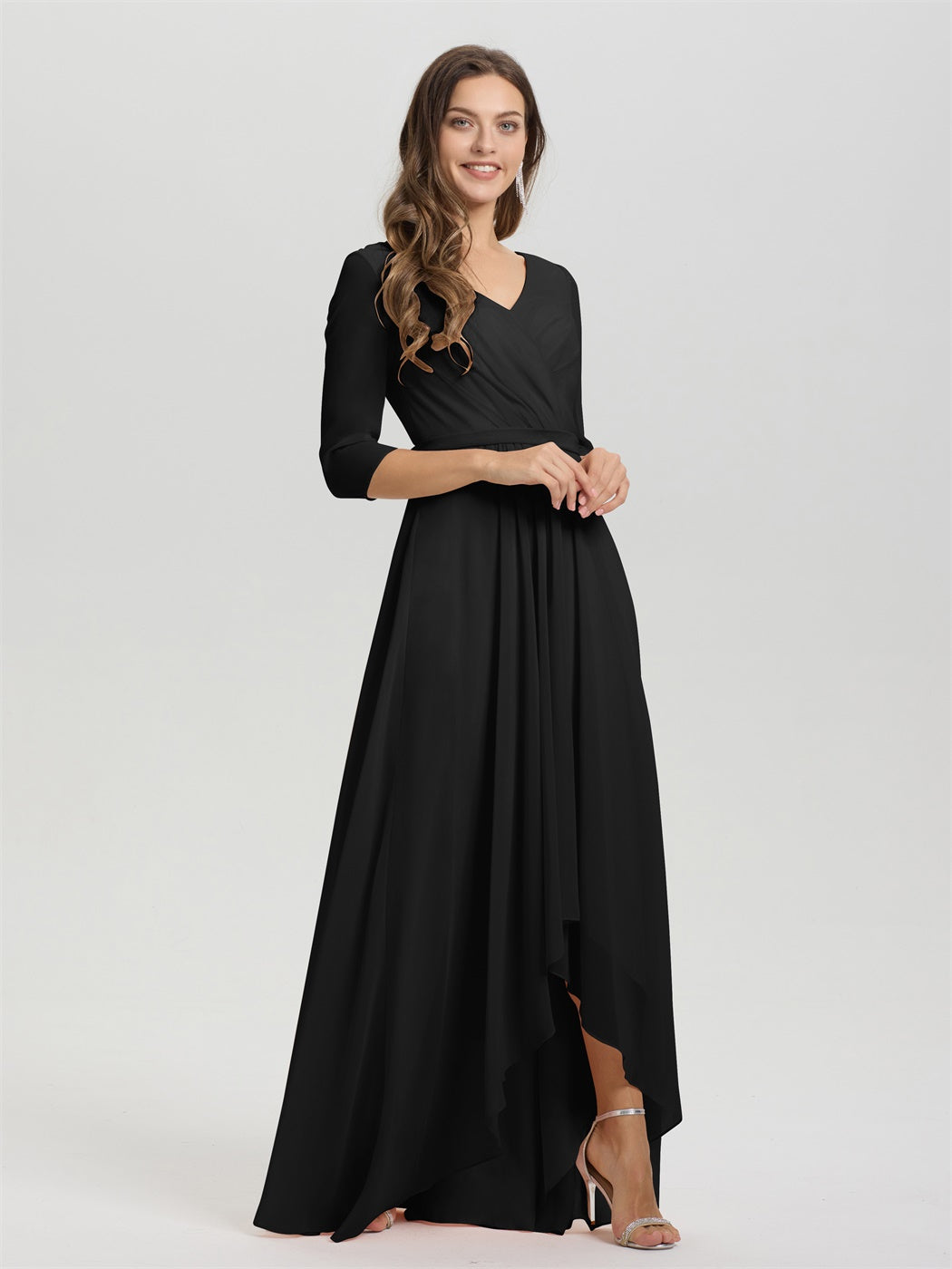 Fließende 3/4 Ärmel V-Ausschnitt Asymmetrisch Hoch Niedrig Chiffon Brautjungfernkleid