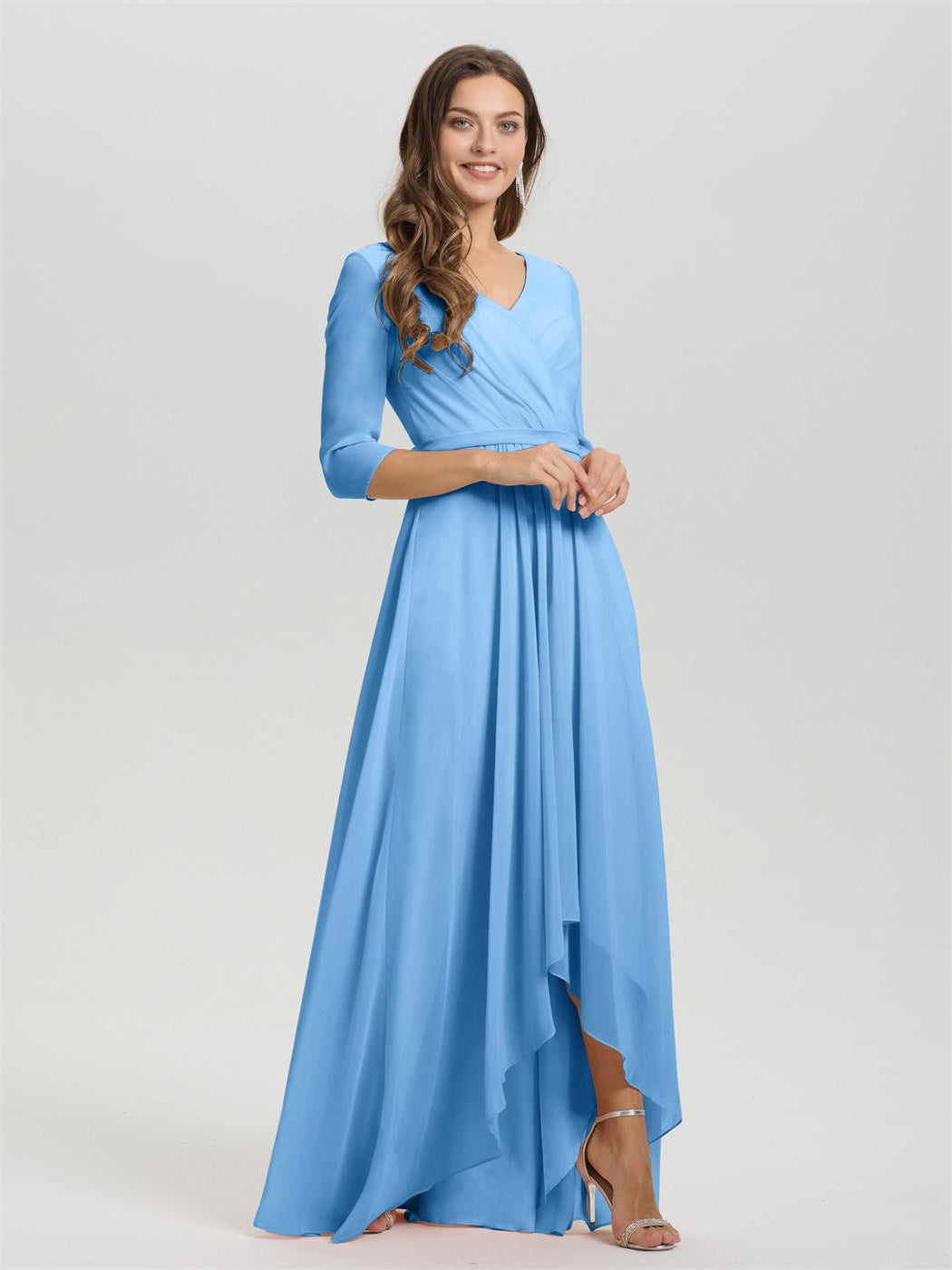 Fließende 3/4 Ärmel V-Ausschnitt Asymmetrisch Hoch Niedrig Chiffon Brautjungfernkleid