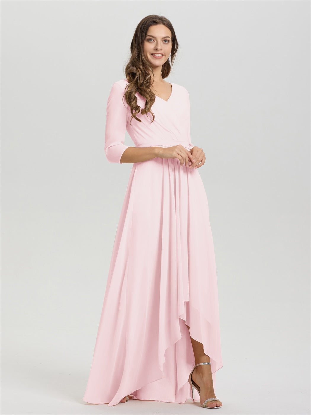 Fließende 3/4 Ärmel V-Ausschnitt Asymmetrisch Hoch Niedrig Chiffon Brautjungfernkleid