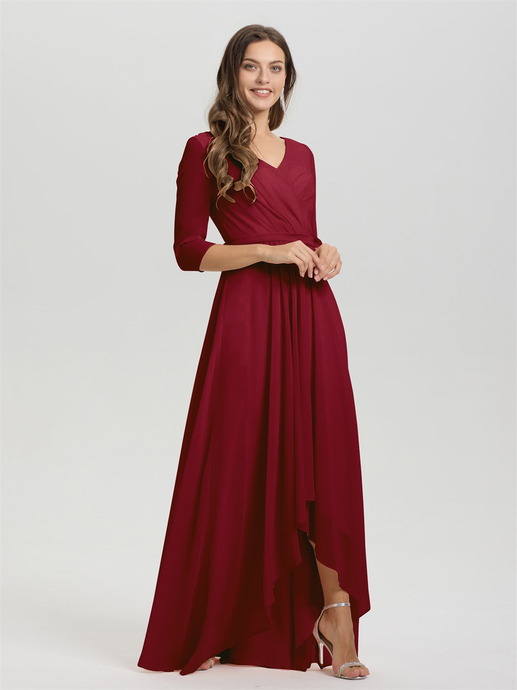 Fließende 3/4 Ärmel V-Ausschnitt Asymmetrisch Hoch Niedrig Chiffon Brautjungfernkleid