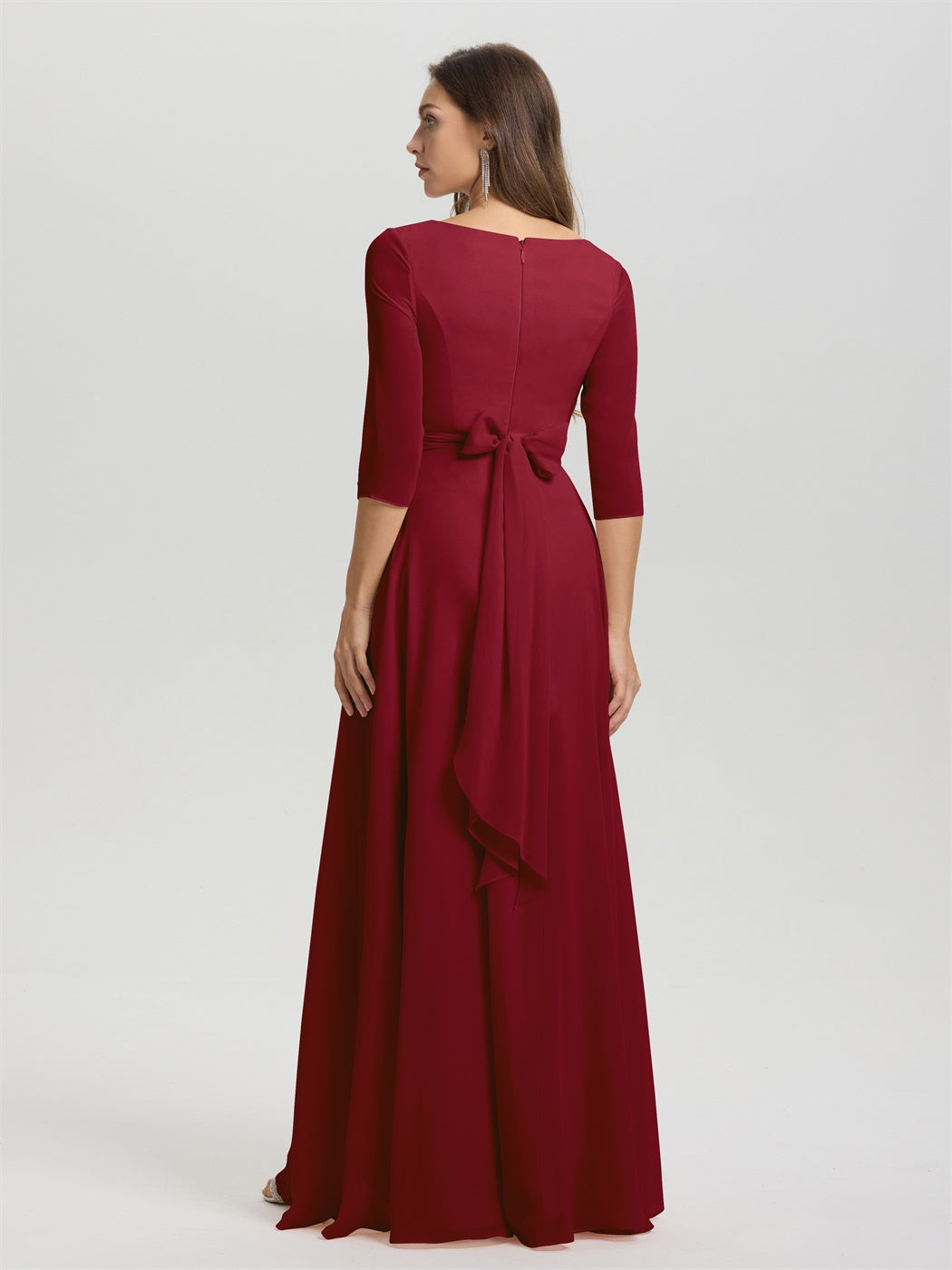 Fließende 3/4 Ärmel V-Ausschnitt Asymmetrisch Hoch Niedrig Chiffon Brautjungfernkleid