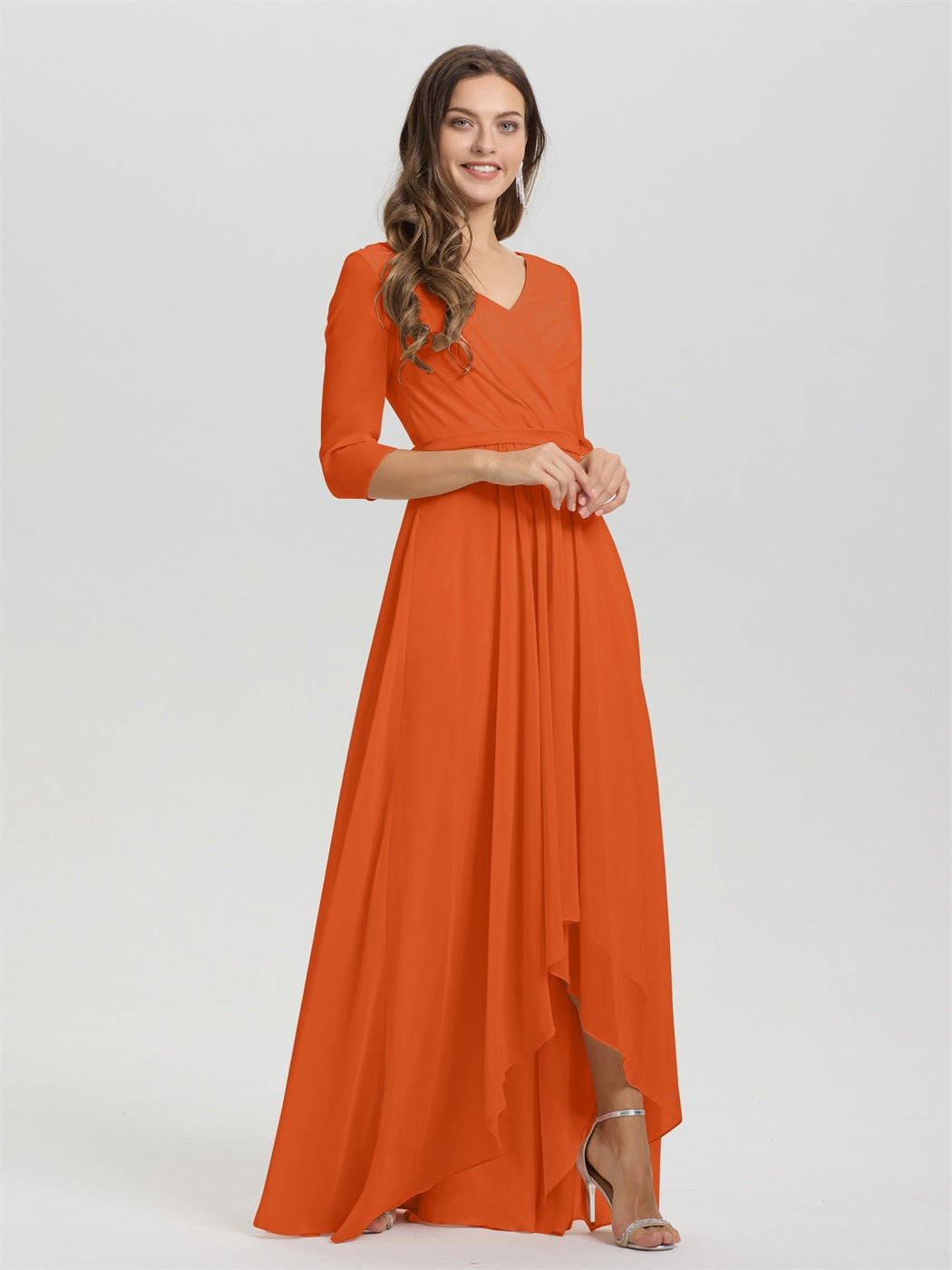 Fließende 3/4 Ärmel V-Ausschnitt Asymmetrisch Hoch Niedrig Chiffon Brautjungfernkleid