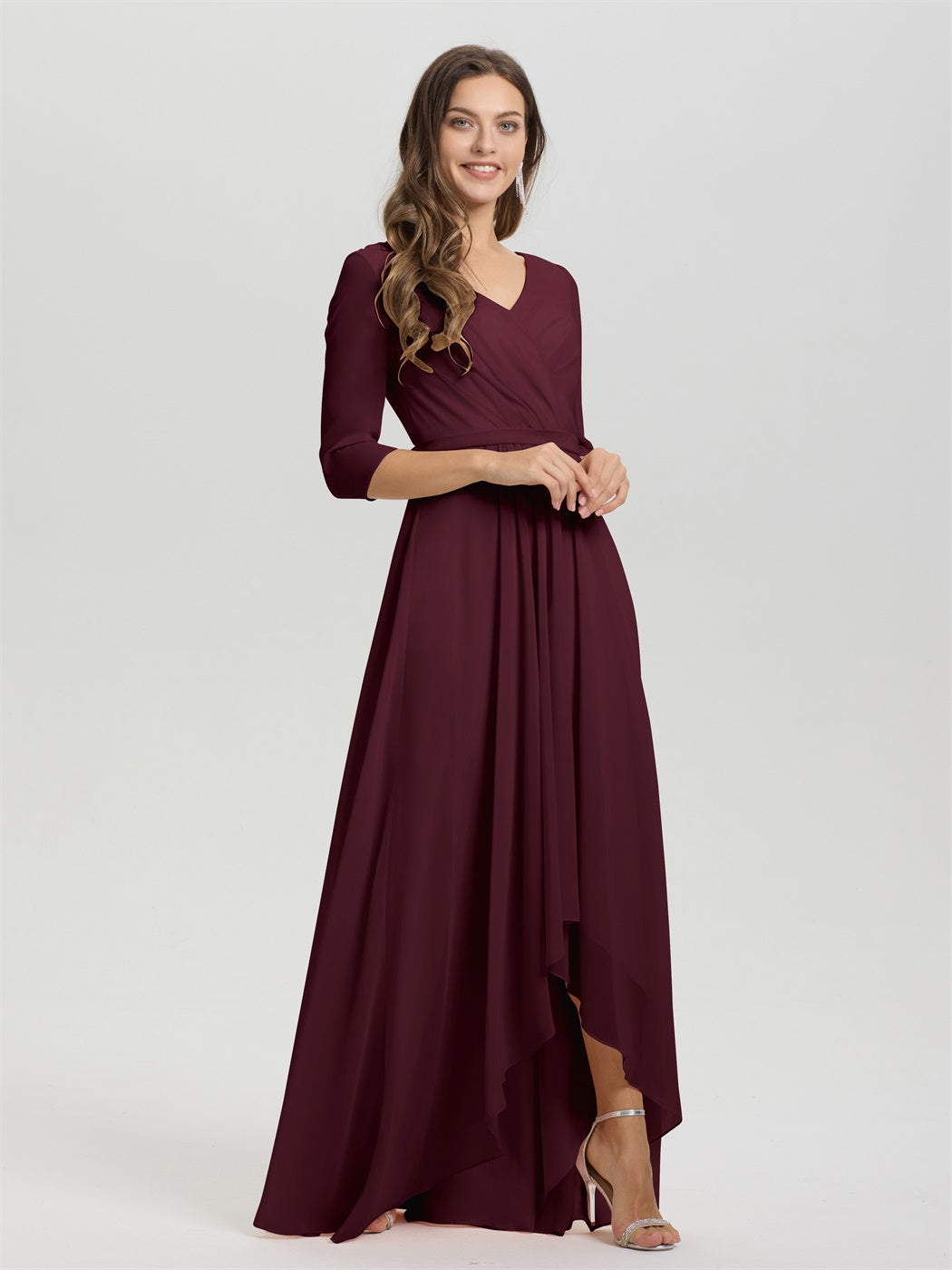 Fließende 3/4 Ärmel V-Ausschnitt Asymmetrisch Hoch Niedrig Chiffon Brautjungfernkleid