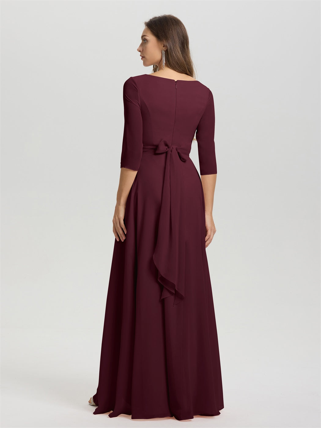 Fließende 3/4 Ärmel V-Ausschnitt Asymmetrisch Hoch Niedrig Chiffon Brautjungfernkleid